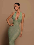 Halter Deep V Neck Sequin Maxi Dress- Outfit