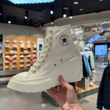 Zingj Slope Heel Canvas Shoes Female 2024 New Round Head Lace With Versatile Heighten Platform High Top Shoes Small White