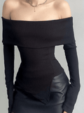 Off Shoulder Black Ribbed Long Sleeve Knit Top-Outfit