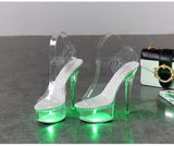 Zingj 34-43 Sexy Super High Heels Luminous Thin Heel Waterproof Platform Sandals Transparent Model Crystal Shoes Wedding
