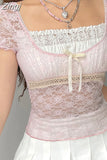 Sweet Square Collar Lace Blouse Short Sleeve Pink Trim Crop Top Bow Cute Y2k Lace Women Summer Tee Tshirts Blusas