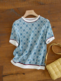 Vintage Printed Thin Chiffon Pullover Tops T Shirt Women Fashion Casual Elegant Chic Silk Satin Loose