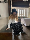 Spring Autumn Black Pu Leather Midi Tiered Skirt Women with Elastic High Waist Long Elegant Luxury Designer Clothes