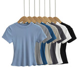 Zingj Trend Spicy Girls' Small Round Collar Solid Color Bottomed Blouse Spring And Summer Threaded T-Shirts Show Thin And Short