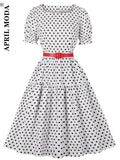 A Line Swing Party Dress With Belt Short Sleeve Polka Dot White Sundress Kawaii Elegant Bandage 50s Rockabilly