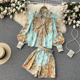 Fashion Spring Runway 2 Piece Sets For Women Turn Down Collar Floral Print Blouse And Shorts Suit Office Lady Outfits