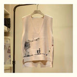 V-neck Knitted Sweater Vest Femal Cartoon Pattern Frill Loose Sleeveless Bottoming Pullover Sweater Vest Women