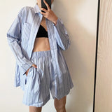 Casual Striped Tracksuits Woman Shorts Set Oversize Shirt High Waist Shorts Two Piece Set 2021 Female