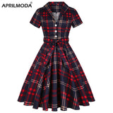 Vintage Winter Autumn Women Dress Plaid Printed England Style Large Size Shirt Sundress 50s 60s Pinup Swing Casual