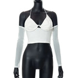 Women's Halter Lace Up Backless Slim T Shirt 2022 Spring Summer Off Shoulder Long Sleeve White Crop Top Streetwear