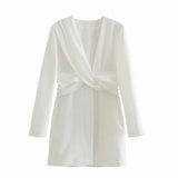 Women Elegant Solid Pink Blazer-Style Mini Dress Knotting Collar Long Sleeve Summer Office Lady Slimmed