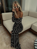 Polka Dot Printed Maxi Dress For Women Sexy Off Shoulder Strapless Long Sleeve Robes Summer Chic Lady Party Prom