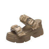 Pleated Cool Slippers Female 2025 Summer New Korean Fashion Belt Buckle Platform One Word High Heel