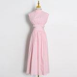 fashion solid color women's dress new half high collar hollow waist sleeveless mid-calf dresses femalke summer 2023