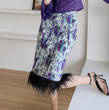 Purple Floral High Waisted Wrap Skirt Tassel Korean Fashion Knee Length Bodycon Ladies Fringe Skirt For Women
