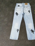 New Crowne Loose Printed Jeans Cross Leisure Straight Tube Loose White Washed