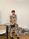 Flocking Floral Backless Square Neck Puff Sleeve Long Dress Elegant Vintage Tunics Long Sleeve A Line Midi Dress