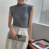 Sleeveless Knit Top Women Turtleneck Summer Korean Fashion Bodycon Corset Tank Top White Beige Khaki Fashion Top