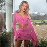 Women's New Fashion Lotus Leaf Side Fork Long-Sleeved Top Sexy Short Bag Hip Skirt Two