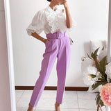 Solid Women Suit Pants Office Lady Empire Waist Belt Trousers Elagant Sashes Casual Chic
