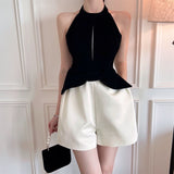 Summer Runway Designer Women Patchwork Shorts Playsuit Blackless Sexy Halter Romper Rufless Elegant Party Rompers