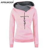 Autumn Winter Hoodies Sweatshirts Women Faith Embroidered Long Sleeve Pink Blue Pullovers Christmas Casual Warm Hooded