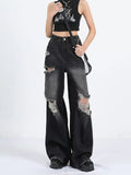 Zingj Street Black Ripped Jeans Women's New Summer Popular Logo Straight Tube Loose And Versatile Drag Wide Leg