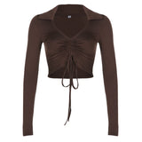 V Neck Ruched Brown Casual Crop Top T Shirt Autumn Long Sleeve Basic T-shirt Women Skinny Fashion Tee Shirt
