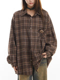 Zingj Couples Retro Badge Plaid Shirt Men And Women 2024 Spring And Autumn New Long Sleeve Versatile Shirt