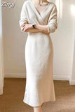 French Casual V-Neck Solid Sweater Knitting Long Sleeve Dress Women Backless Knit Dress Korean Clothing Robe Autumn