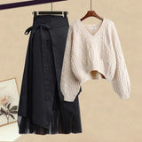 Zingj Women Winter Patchwork Long Sleeve Knitted Tops + Asymmetric Skirt 2 Piece Suit Female Party Elegant Two Piece Set 102-0-Outfit