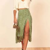 Elegant Split Long Skirts Vintage Leopard Floral Print High Waist A Line Skirts Office Lady Casual Bodycon Midi