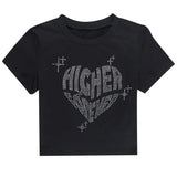 2024 New Round Collar Hot Diamond Love Wing Print Short-Sleeved T-Shirt Summer Short Hottie
