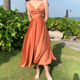 Zingj Beach Dress Seaside Sexy Backless Holiday Dress Dress Show Thin Satin Halter Dress Female