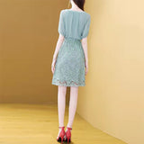 Chiffon Patchwork Fashion Chic Dress Short Sleeve Fake Two Piece Lace Dress Elegant Hollow Out Sweet Vestidos De