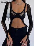 Hollow Out Black Sexy T Shirts Fashion Autumn Summer Long Sleeve Crop Tops Women Party 2022 Backless Y2k