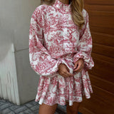 Zingj Spring And Autumn New National Style Ink Print Short Dress Bubble Sleeve Standing Collar Tie Retro-Outfit