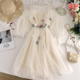 Summer Autumn Women Long A-Line Dress Sweet Floral Butterfly Lace Dress Female Short Sleeve Mesh Dress Vestidos