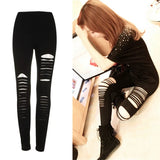 Punk Ripped Torn Slashed Cut Striped Leggings Pants Gothic Club Asymmetric Hole Elastic Skinny Pencil Pants For Women Girl-Outfit