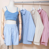 Casual Striped Tracksuits Woman Shorts Set Oversize Shirt High Waist Shorts Two Piece Set 2021 Female