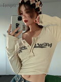 Retro Graffiti Print Elastic T Shirt Women Sexy Slim Crop Top Ribbed Long Sleeve O-neck Tops Grunge Tee Tops