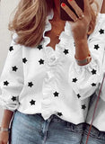 Spring Autumn Sexy Deep V Neck Women Blouses Shirt Fashion Suffles Five Pointed Star Print Office LadiesTops Plus