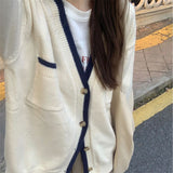 Zingj Winter New V Collar Bump Color Knit Cardigan Korean Version College Wind Loose Versatile Women's Knit Sweater Coat-Outfit