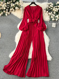 V Neck Jumpsuits for Women Long Puff Sleeve Belt Design Loose Wide Legs Pleated Pants Streetwear Fashion OL