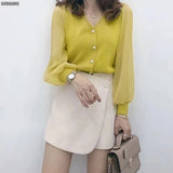 Winter Spring New Long Sleeve Button Knitted Blouses Female Fashion V-neck Solid Color Shirts Loose Casual Tops