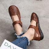 Hollow Genuine Leather Breathable Soft Flat Sandals Summer Women Shoes Woman Casual Solid Buckle Strap Ladies