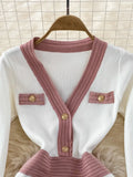 Women Knitted Dress Korean Fashion Spring Sexy V-Neck Elegant Long Sleeve Bodycon Slim Stretch Sweater Dress Casual Robe