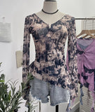 Dizziness Printing Mesh T-Shirt T-Shirt Irregular Lotus Leaf Side Ribbon Short Coat