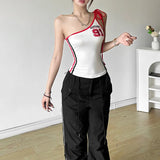 2024 Summer New Women's Slanted Shoulder T-Shirted Letter Print Sling Bottom Small