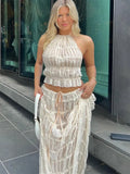 Halterneck Ruched Open Back Tie Up Top And Maxi Skirt Set-Outfit